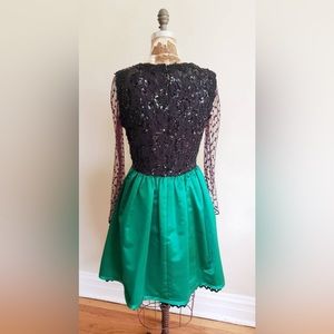 Party dress, black sequins, lace, green satin skirt